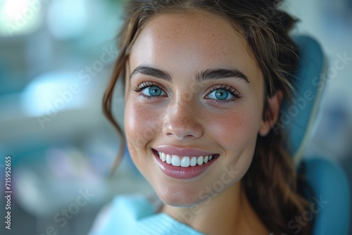 A beaming woman with brown hair and a captivating smile gazes directly at the camera, showcasing her expressive features such as her luscious lips, arched eyebrows, and glowing skin in a stunning clo