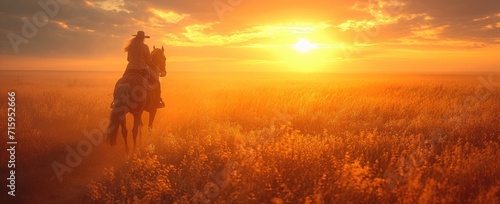 As the sun sets on the horizon, a lone figure on horseback traverses through a sea of vibrant flowers, surrounded by the beauty of nature and the open sky above