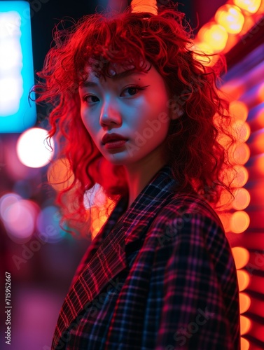 Teen Chinese Woman with Red Curly Hair vintage photo. Portrait of a person in 1980s aesthetics. Punk fashion. Historic photo Ai Generated Photorealistic Vertical Image.