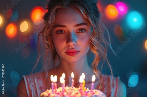 A fashionable woman joyfully presents a beautifully decorated birthday cake with flickering candles, creating a warm and celebratory atmosphere indoors