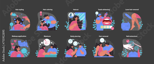 Salon essentials set. Creative hair design, color treatments, and nail artistry. Showcasing beauty enhancements and personal grooming. Flat vector illustration.