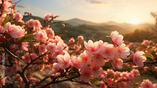 A vivid photorealistic view of a peach orchard Ai generated art