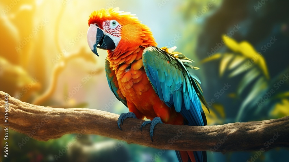 A beautiful parrot with a blue tail is sitting on a tree branch, AI generated images