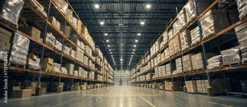 Symmetry and order define this vast warehouse, where rows of shelves stretch towards the distant ceiling, a testament to commerce and storage