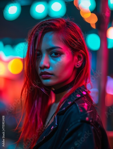 Teen Indian Woman with Red Straight Hair vintage photo. Portrait of a person in 1980s aesthetics. Punk fashion. Historic photo Ai Generated Photorealistic Vertical Image. © Vector Juice