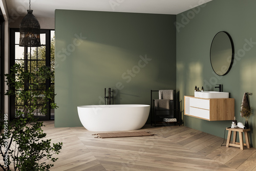 Fotografia Modern minimalist bathroom interior, bathtub and bathroom cabinet, white sink, interior plants, bathroom accessories, parquet floor, green wall