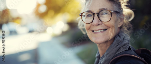 An elderly woman's contented smile captures the essence of a healthful walk, bathed in the gentle warmth of the afternoon light