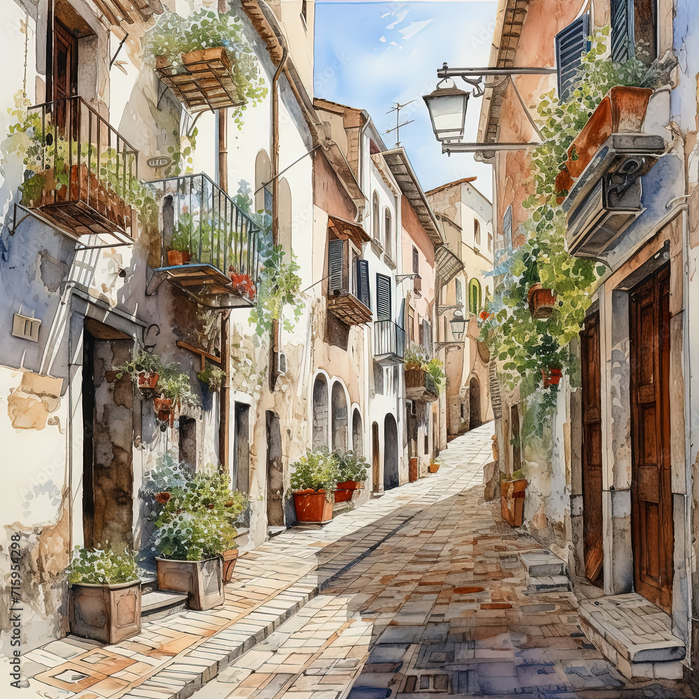 Fototapeta premium A street in the old Mediterranean town. Watercolor illustration.