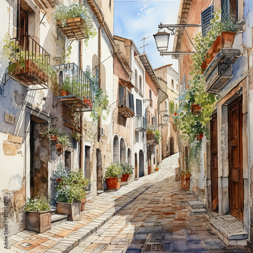 A street in the old Mediterranean town. Watercolor illustration. © milicenta
