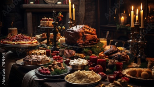 A festive holiday table full of food including a pie with a grand feast Generative IA Image