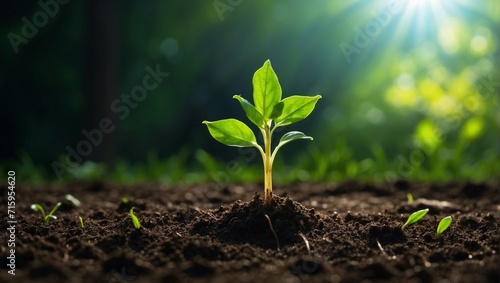 An ascending green sprout. The growth of the plant. The sprouted seed. Gardening. Rays of light, morning. The concept of ecology, agronomy, agriculture. 