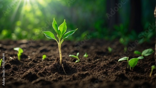 An ascending green sprout. The growth of the plant. The sprouted seed. Gardening. Rays of light, morning. The concept of ecology, agronomy, agriculture. 