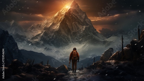 A man hiking to peak of snow mountain on cold winter generated with AI