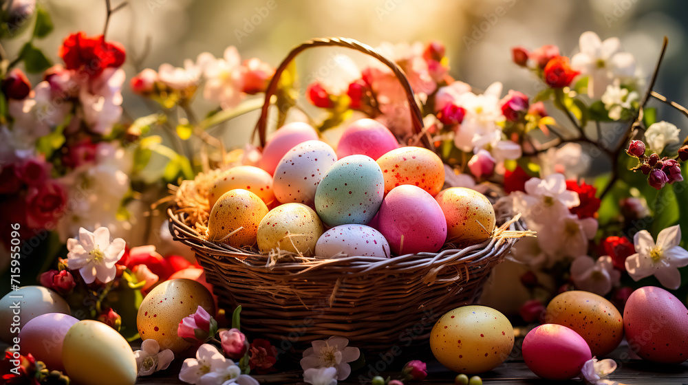 Colorful easter eggs in a basket with spring blossom background. Greeting card on an Easter theme. Happy Easter concept.