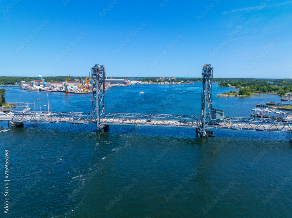 Obraz premium World War I Memorial Bridge aeria view. The bridge carries US Route 1 across the Piscataqua River between Portsmouth, New Hampshire and Kittery, Maine, USA. 