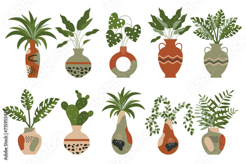 Set of indoor tropical plants in pots, hanging and floor plant pots. Plant care concept. Icons, decor elements, vector