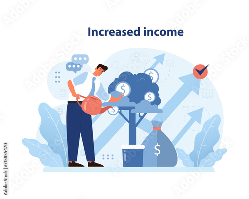 Financial prosperity theme with professional nurturing income growth, emphasizing salary boost and fiscal success. Monetary gain visualized. Flat vector illustration.