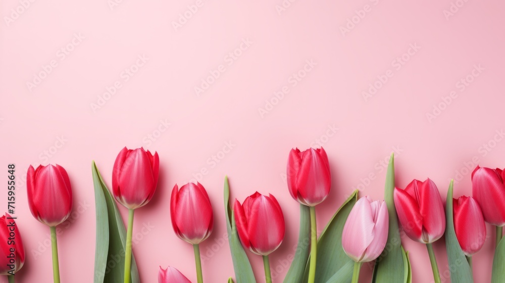 Fototapeta premium A group of pink tulips on a pink background