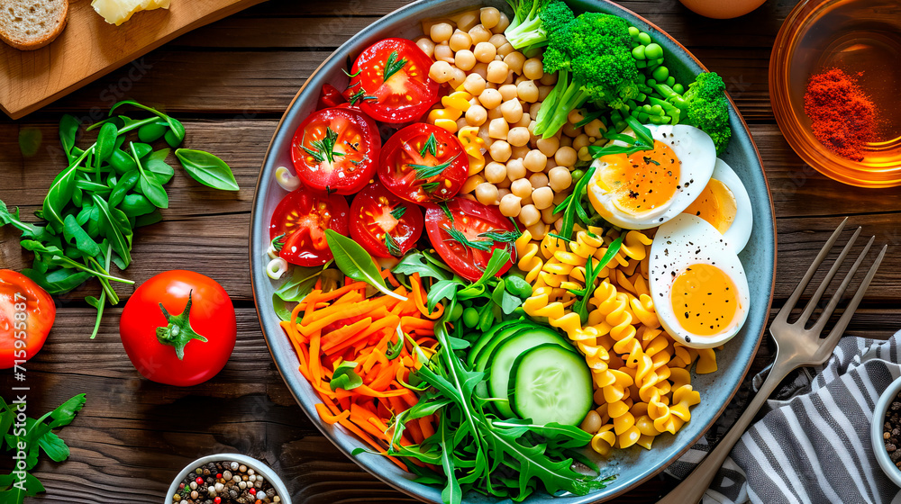 Plate with separate meals, in which half consists of vegetables, 1/4 - of cereals and pasta, 1/4 - of meat and eggs Plate with separate meals, in which half consists of vegetables, 1/4 - of cereals and pasta, 1/4 - of meat and eggs
