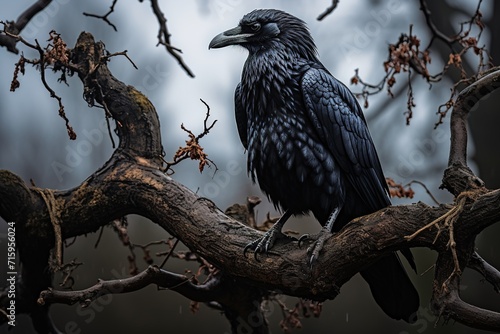 Big black raven sitting on a dry tree branch on a gray blurred background