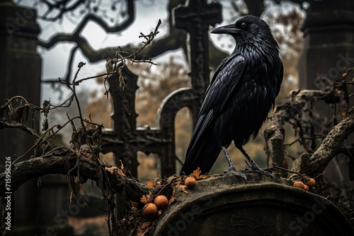 A black raven sits on an moss covered tombstone in an old cemetery against the background of a branch with dried leaves