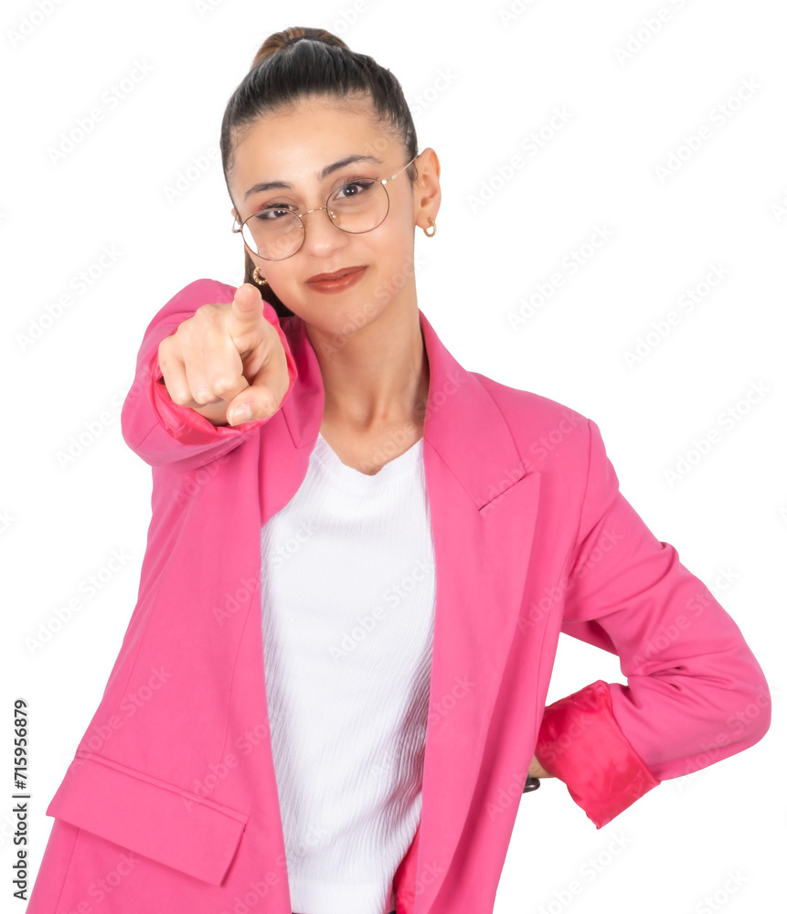I want you. Portrait of beautiful young caucasian businesswoman wear pink formal jacket pointing finger at camera smiling. Choosing, inviting. Isolated transparent png image. I want you. Portrait of beautiful young caucasian businesswoman wear pink formal jacket pointing finger at camera smiling. Choosing, inviting. Isolated transparent png image.