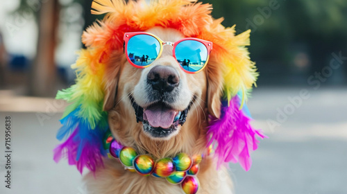 A Golden Retriever sporting a colorful wig, oversized glasses, and a boa, capturing the essence of a goofy and glamorous canine entertainer. The playful ensemble creates a light-he