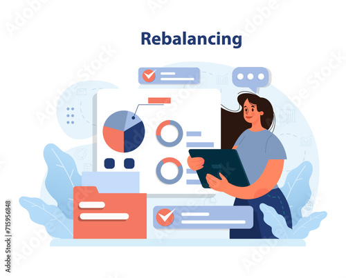 Rebalancing concept. Focused woman adjusts pie chart on digital tablet, ensuring financial portfolio equilibrium. Asset allocation. Flat vector illustration