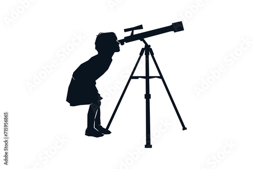 A child looks through a telescope silhouette. Education learning school concept vector illustration