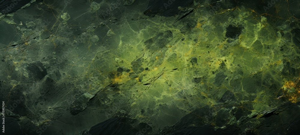 Fototapeta premium Radiation. Radioactive mineral Uranium texture. Uranus. Uranium wallpaper background. Ores in Green Light. Horizontal banner format