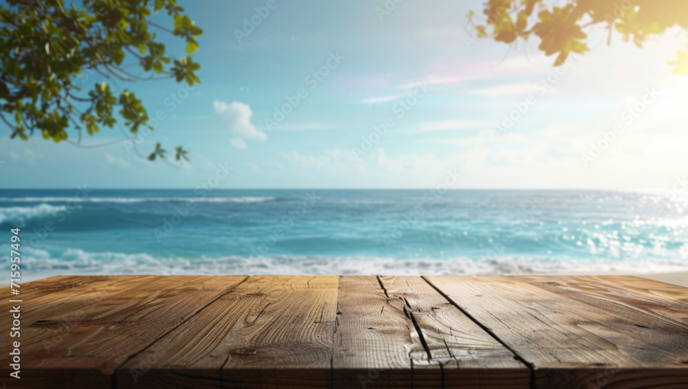 Blank Wooden table with sea background front view in png no background for advertisement. Created using generative AI. - obrazy, fototapety, plakaty 
