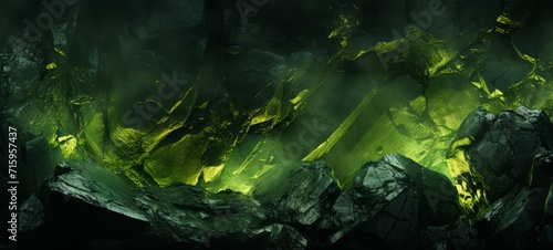 Radioactive mineral Uranus. Radiation. Uranium texture. Uranium wallpaper background. Ores in Green Light. Horizontal banner format