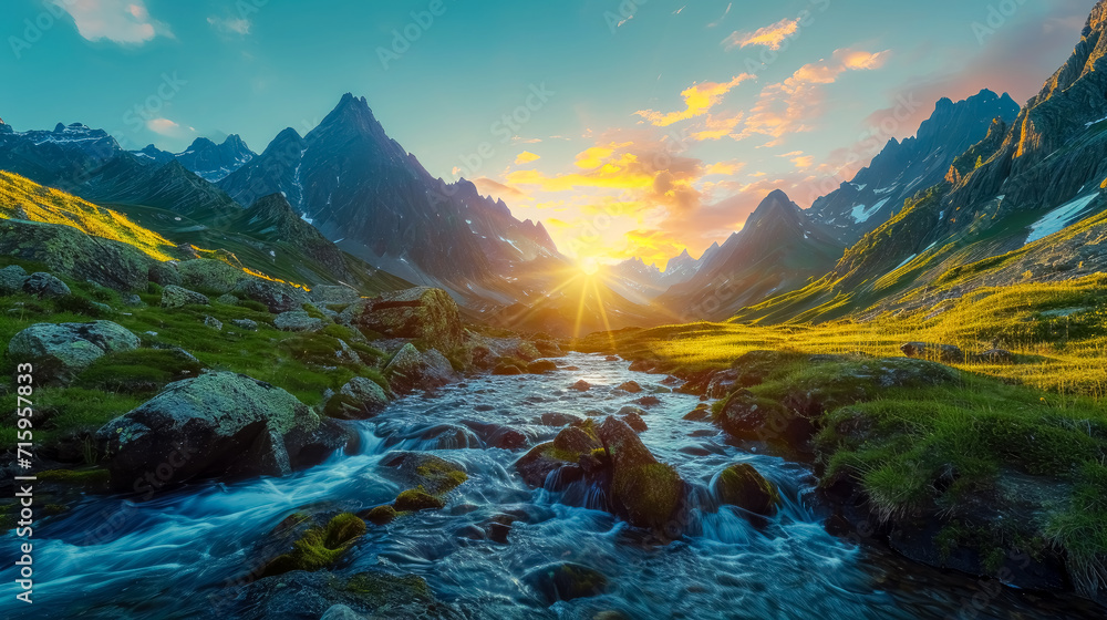 The mountains with a stream running through them and the sun coming up in the background, vibrant fantasy landscapes. The mountains with a stream running through them and the sun coming up in the background, vibrant fantasy landscapes.