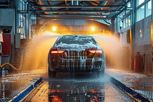 wet car with freshly washed foam photo