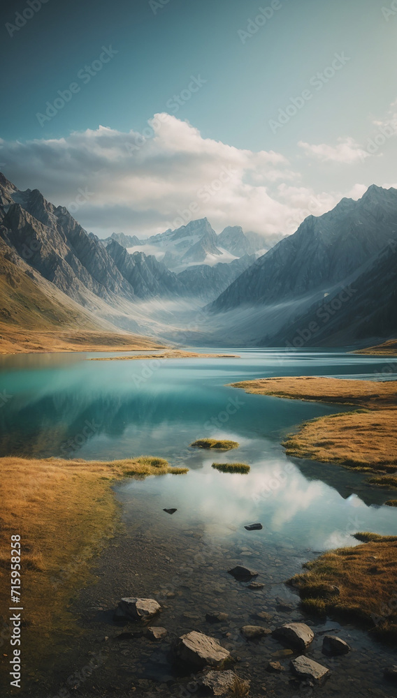 Fototapeta premium Painting of a mountain lake with a mountain