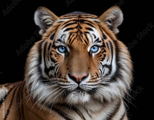 Close-up of a tiger with blue eyes. On a black background.  AI generated.