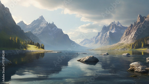 Painting of a mountain lake with a mountain
