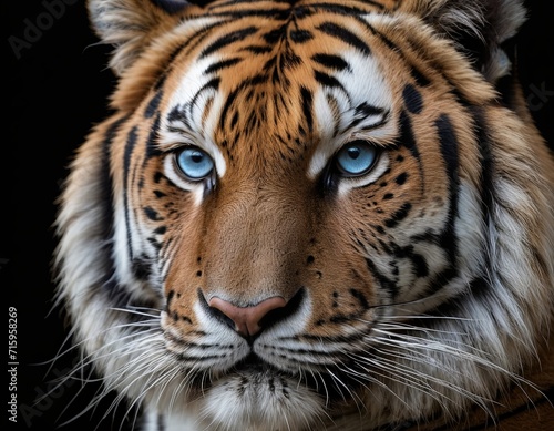 Close up of a tiger with blue eyes.  AI generated. © Vitali
