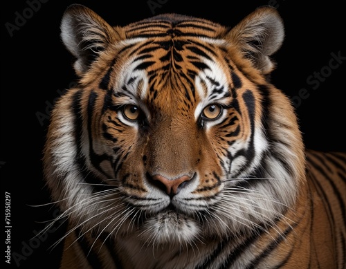 Close-up of a tiger. On a black background.  AI generated.