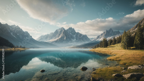 Painting of a mountain lake with a mountain © ParthoArt