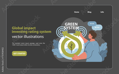Global impact investing system. Evaluating environmental and social governance. Investing with a sustainable vision. Flat vector illustration.