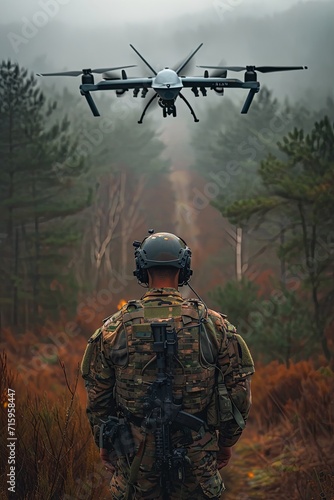 The blurred figure of operator in camouflage controls a combat drone