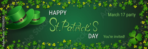 St.Patrick's Day vector banner template. Green background with clover leaves and design elements