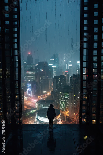 Silhouette of person standing in modern futuristic building against dark neon city