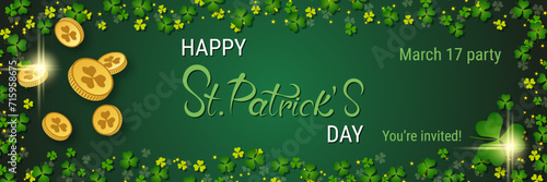 St.Patrick's Day vector banner template. Green background with clover leaves and design elements