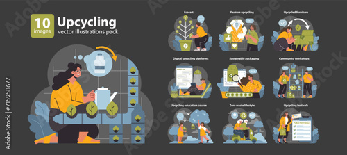 Upcycling Concepts Set. From eco-art to zero waste lifestyle, this collection showcases sustainable living through creative upcycling, digital platforms, and community involvement.