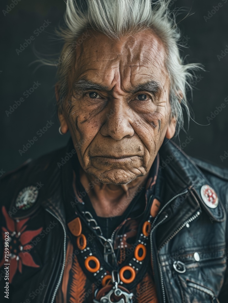 Photorealistic Old Latino Man with Blond Straight Hair vintage Illustration. Portrait of a person in Punk Subculture aesthetics. DIY fashion. Ai Generated Vertical Illustration.