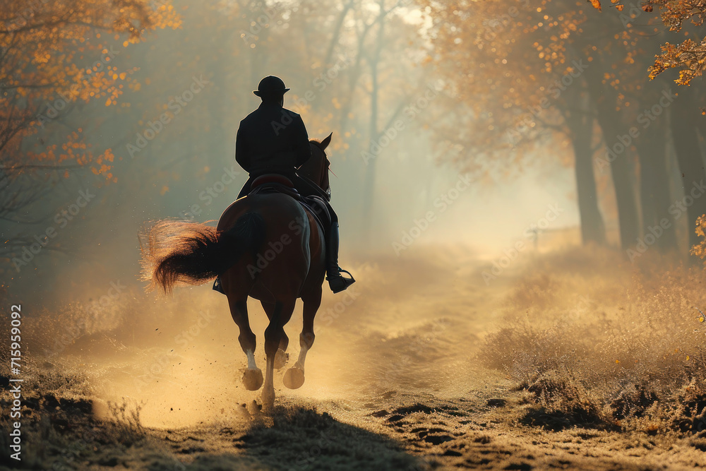 Equestrian Riding Horse Through Misty Forest. Equestrian Riding Horse Through Misty Forest.