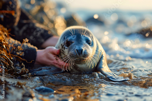Human Touch Comforting a Wild Seal on Shore.