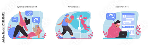 Experience the blend of virtual training and real-world fitness with dynamic movements, personal virtual coaches, and engaging social interactions in our VR Workout vectors.